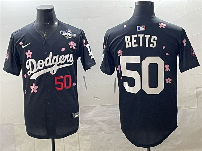Men's Black Los Angeles Dodgers #50 Mookie Betts 2025 World Series Patch Tokyo Series Limited Stitched Baseball Jersey